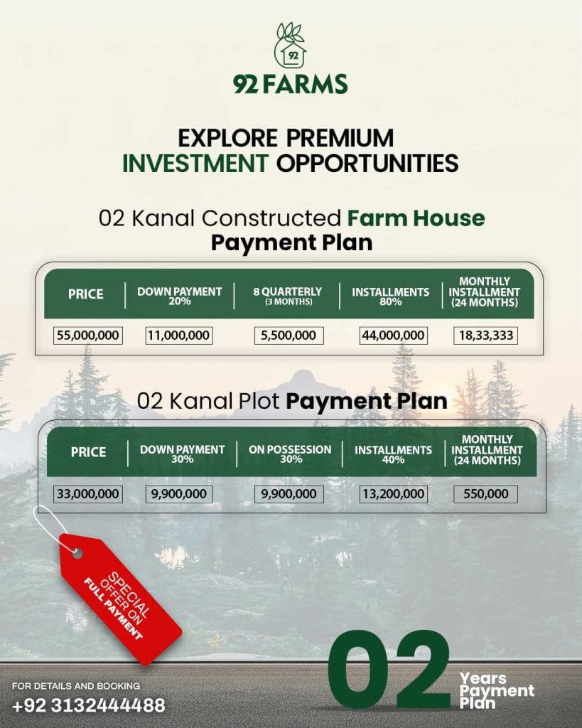 2 Kanal Farmhouse on Installments in Islamabad – 92 92 Farms