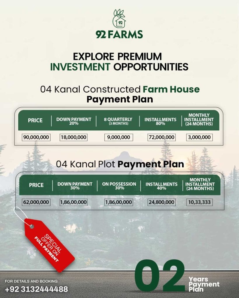 4 Kanal Farmhouse on Installments in Islamabad – 92 92 Farms