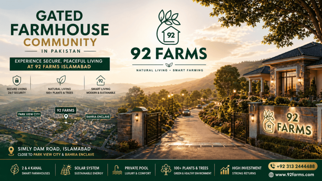Gated farmhouse community in Pakistan at 92 Farms Islamabad Simly Dam Road
