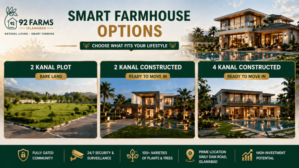 Smart 2 Kanal farmhouse in gated community Pakistan at 92 Farms Islamabad