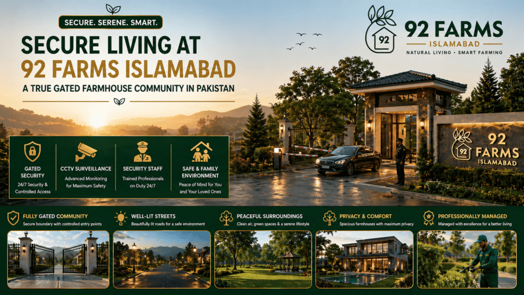 Gated community security and surveillance at 92 Farms Islamabad farmhouse