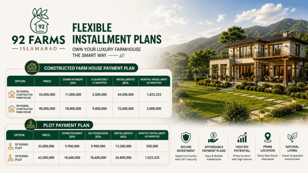 2 Kanal luxury farmhouse exterior at 92 Farms Islamabad installment plan 2026