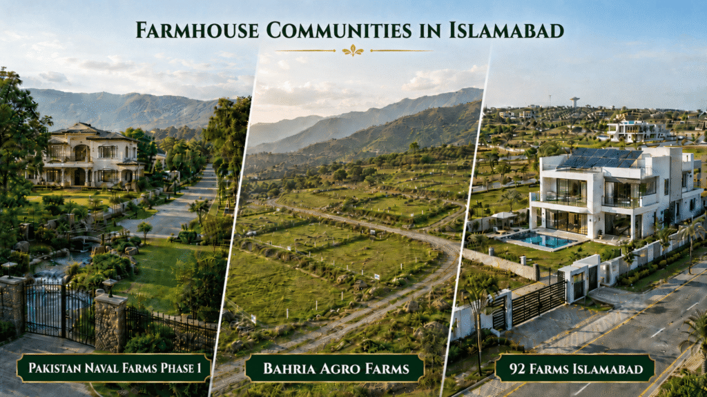 Farmhouse communities in Islamabad comparison 2026 Naval Farms Bahria Agro and 92 Farms