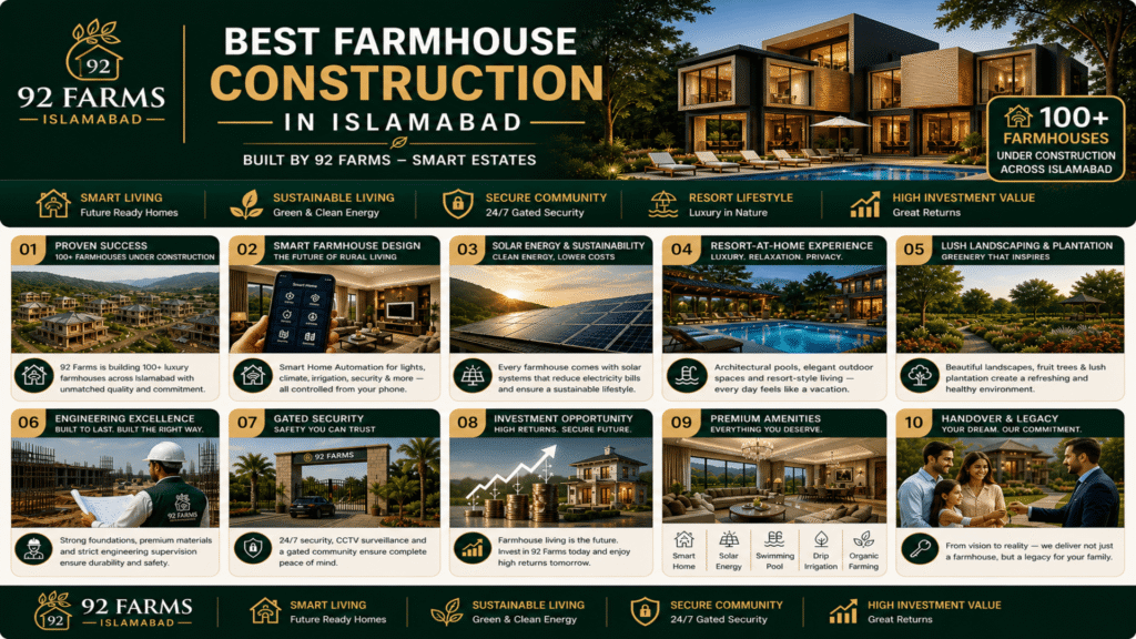 Best farmhouse construction in Islamabad by 92 Farms on Simly Dam Road with smart home and solar panels