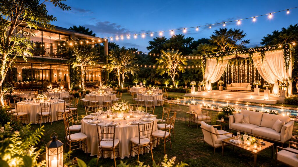 Luxury farmhouse venue with landscaped gardens