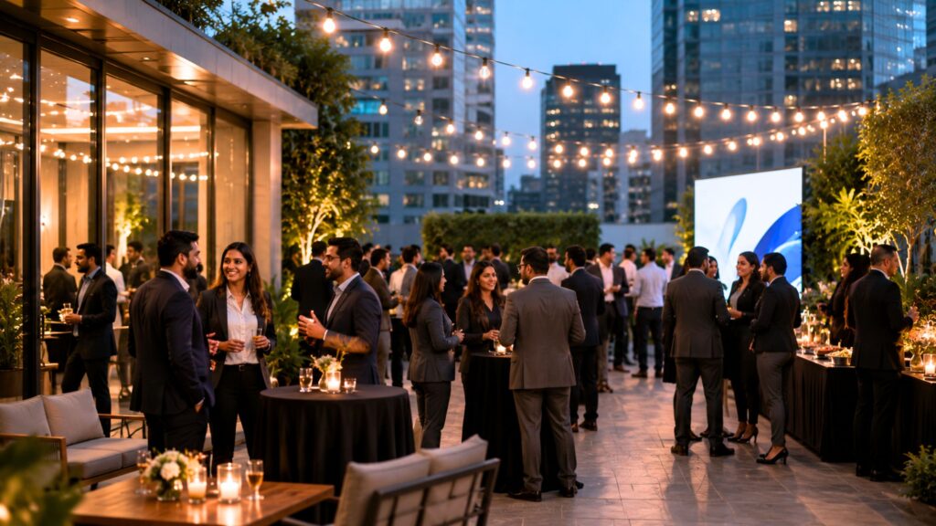 Outdoor party venue with scenic farmhouse landscaping